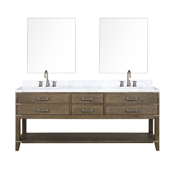 Norwalk 80W x 22D Grey Oak Double Bath Vanity, Carrara Marble Top, Faucet Set, and 36Mirrors