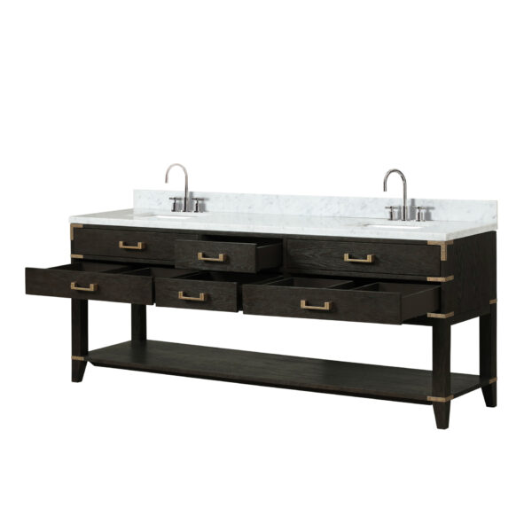 Norwalk 84W x 22D Black Oak Double Bath Vanity, Carrara Marble Top, and Faucet Set