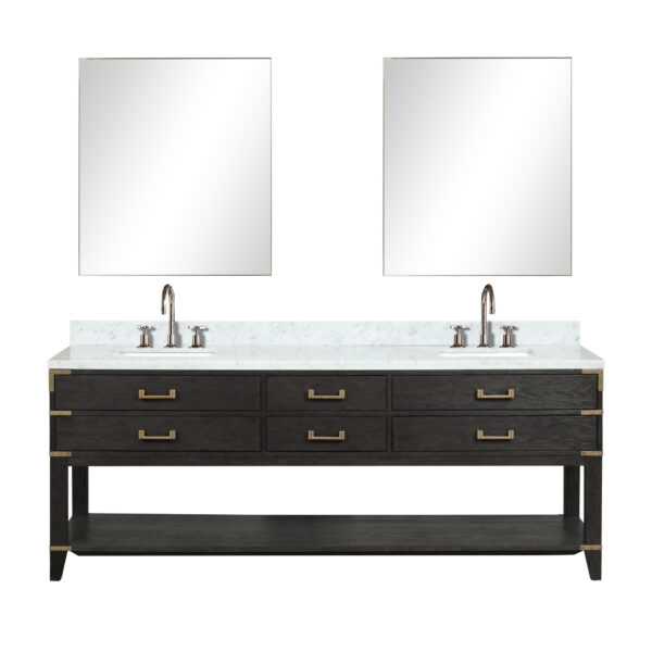 Norwalk 84W x 22D Black Oak Double Bath Vanity, Carrara Marble Top, and 36Mirrors