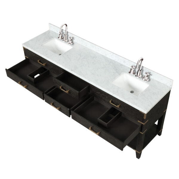 Norwalk 84W x 22D Black Oak Double Bath Vanity, Carrara Marble Top, and 36Mirrors