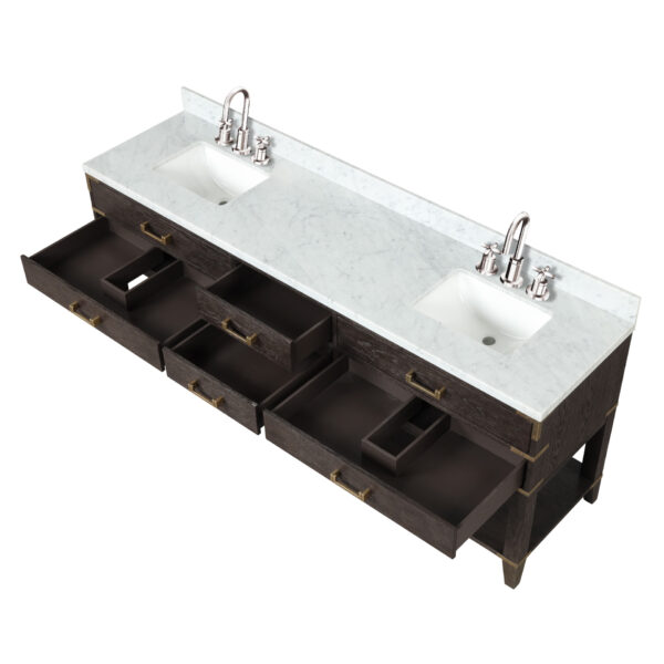 Norwalk 84W x 22D Brown Oak Double Bath Vanity, Carrara Marble Top, and Faucet Set