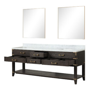 Norwalk 84W x 22D Brown Oak Double Bath Vanity, Carrara Marble Top, and 36Mirrors