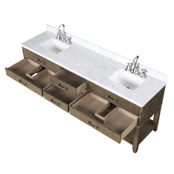 Norwalk 84W x 22D Grey Oak Double Bath Vanity, Carrara Marble Top, and Faucet Set