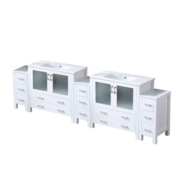 Volez 108W x 18.25D White Double Bath Vanity with Side Cabinets, and White Ceramic Top