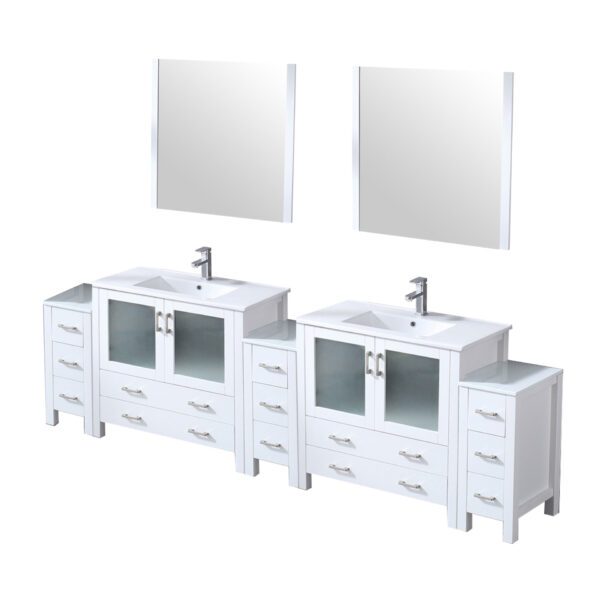 Volez 108W x 18.25D White Double Bath Vanity with Side Cabinets, White Ceramic Top, 34Mirrors, and Faucet Set