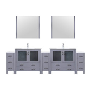 Volez 108W x 18.25D Dark Grey Double Bath Vanity with Side Cabinets, White Ceramic Top, 34Mirrors, and Faucet Set