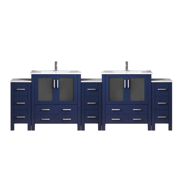 Volez 108W x 18.25D Navy Blue Double Bath Vanity with Side Cabinets, White Ceramic Top, and Faucet Set