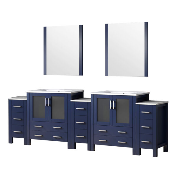 Volez 108W x 18.25D Navy Blue Double Bath Vanity with Side Cabinets, White Ceramic Top, and 34Mirrors