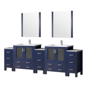 Volez 108W x 18.25D Navy Blue Double Bath Vanity with Side Cabinets, White Ceramic Top, 34Mirrors, and Faucet Set