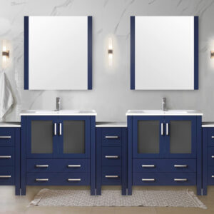 Volez 108W x 18.25D Navy Blue Double Bath Vanity with Side Cabinets, and White Ceramic Top