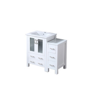 Volez 36W x 18.25D White Single Bath Vanity with Side Cabinet, and White Ceramic Top