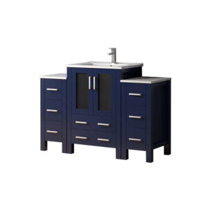 Volez 48W x 18.25D Navy Blue Single Bath Vanity with Side Cabinets, White Ceramic Top, and Faucet Set