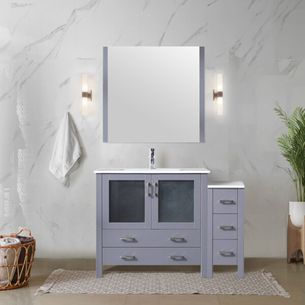 Volez 48W x 18.25D Dark Grey Single Bath Vanity with Side Cabinet, White Ceramic Top, and 34Mirror