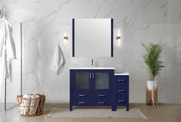 Volez 48W x 18.25D Navy Blue Single Bath Vanity with Side Cabinet, White Ceramic Top, and 34Mirror