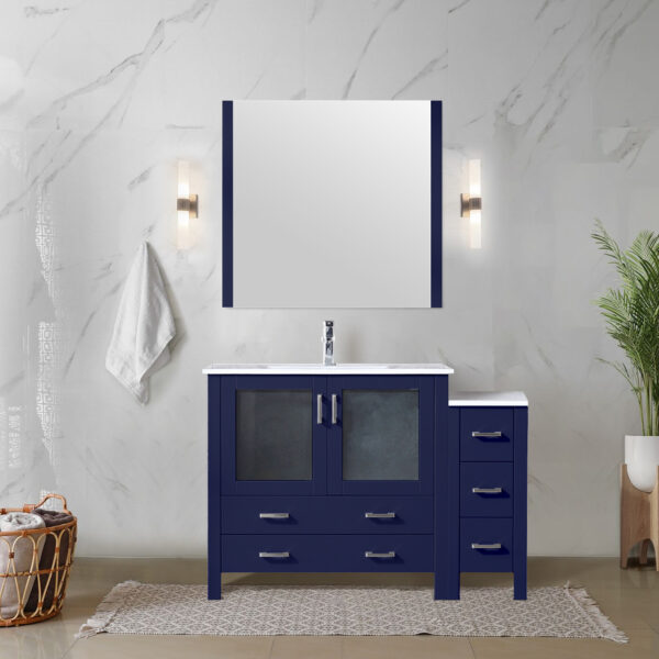 Volez 48W x 18.25D Navy Blue Single Bath Vanity with Side Cabinet, White Ceramic Top, and 34Mirror