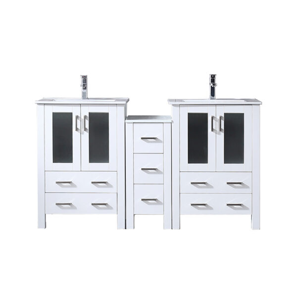 Volez 60W x 18.25D White Double Bath Vanity with Side Cabinet, White Ceramic Top, and Faucet Set