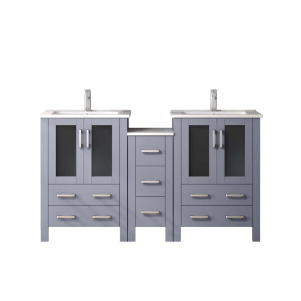 Volez 60W x 18.25D Dark Grey Double Bath Vanity with Side Cabinet, White Ceramic Top, and Faucet Set