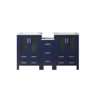 Volez 60W x 18.25D Navy Blue Double Bath Vanity with Side Cabinet, and White Ceramic Top