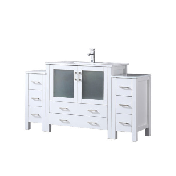 Volez 60W x 18.25D White Double Bath Vanity with Side Cabinets, White Ceramic Top, and Faucet Set