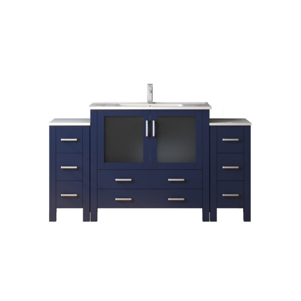 Volez 60W x 18.25D Navy Blue Double Bath Vanity with Side Cabinets, White Ceramic Top, and Faucet Set