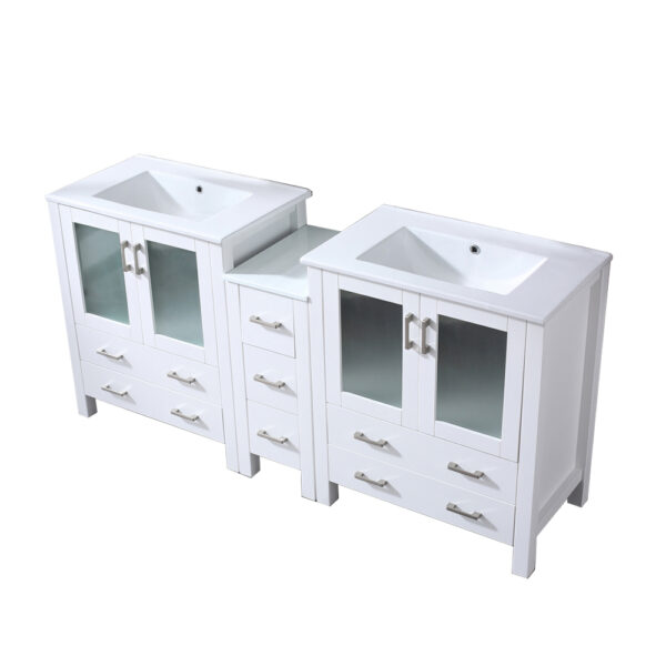 Volez 72W x 18.25D White Double Bath Vanity with Side Cabinet, and White Ceramic Top