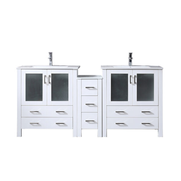 Volez 72W x 18.25D White Double Bath Vanity with Side Cabinet, White Ceramic Top, and Faucet Set