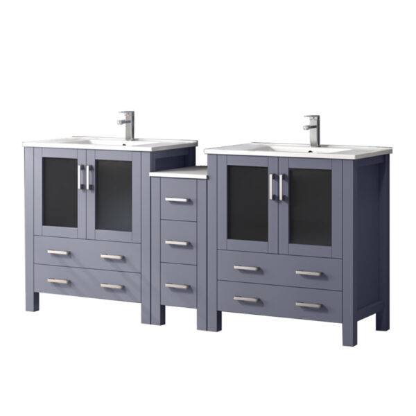 Volez 72W x 18.25D Dark Grey Double Bath Vanity with Side Cabinet, White Ceramic Top, and Faucet Set