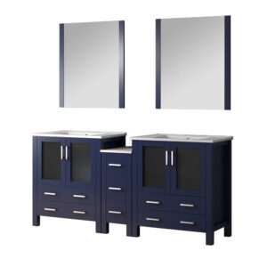 Volez 72W x 18.25D Navy Blue Double Bath Vanity with Side Cabinet, and White Ceramic Top