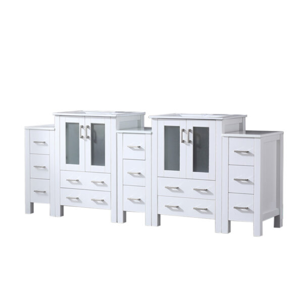 Volez 84W x 18.25D White Double Bath Vanity with Side Cabinets, and White Ceramic Top