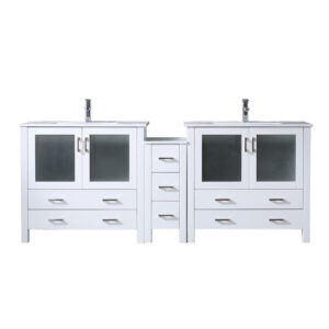 Volez 84W x 18.25D White Double Bath Vanity with Side Cabinet, White Ceramic Top, and Faucet Set