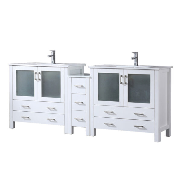 Volez 84W x 18.25D White Double Bath Vanity with Side Cabinet, White Ceramic Top, and Faucet Set