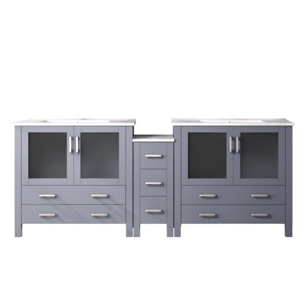 Volez 84W x 18.25D Dark Grey Double Bath Vanity with Side Cabinet, and White Ceramic Top