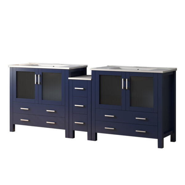 Volez 84W x 18.25D Navy Blue Double Bath Vanity with Side Cabinet, and White Ceramic Top