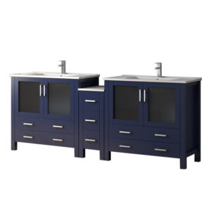 Volez 84W x 18.25D Navy Blue Double Bath Vanity with Side Cabinet, White Ceramic Top, and Faucet Set