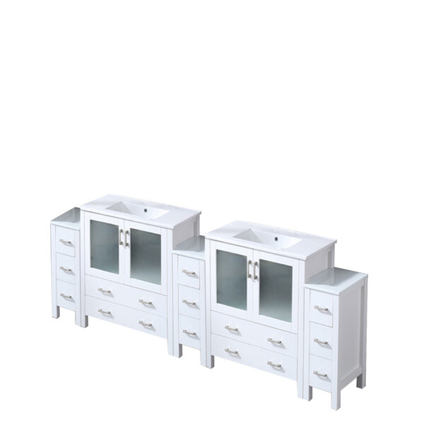 Volez 96W x 18.25D White Double Bath Vanity with Side Cabinets, and White Ceramic Top