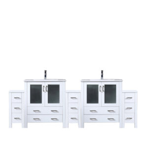 Volez 96W x 18.25D White Double Bath Vanity with Side Cabinet, White Ceramic Top, and Faucet Set