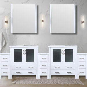 Volez 96W x 18.25D White Double Bath Vanity with Side Cabinet, White Ceramic Top, and Faucet Set