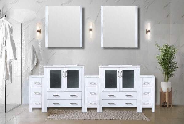 Volez 96W x 18.25D White Double Bath Vanity with Side Cabinet, White Ceramic Top, and Faucet Set