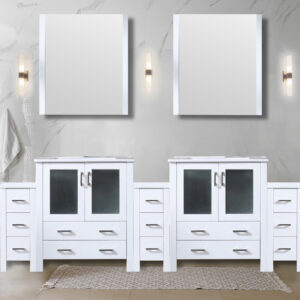 Volez 96W x 18.25D White Double Bath Vanity with Side Cabinet, White Ceramic Top, and Faucet Set