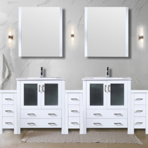 Volez 96W x 18.25D White Double Bath Vanity with Side Cabinets, White Ceramic Top, 28Mirrors, and Faucet Set