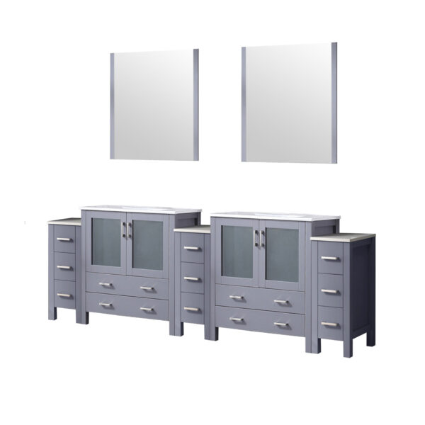 Volez 96W x 18.25D Dark Grey Double Bath Vanity with Side Cabinets, White Ceramic Top, and 28Mirrors