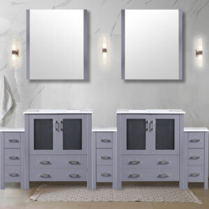 Volez 96W x 18.25D Dark Grey Double Bath Vanity with Side Cabinets, White Ceramic Top, and 28Mirrors