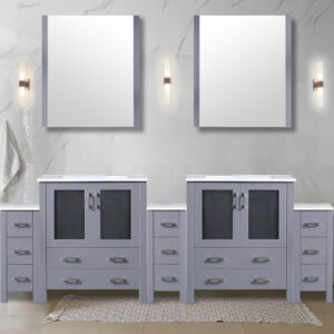 Volez 96W x 18.25D Dark Grey Double Bath Vanity with Side Cabinets, White Ceramic Top, and 28Mirrors