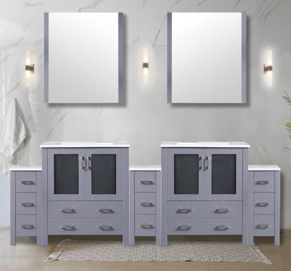 Volez 96W x 18.25D Dark Grey Double Bath Vanity with Side Cabinets, White Ceramic Top, and 28Mirrors