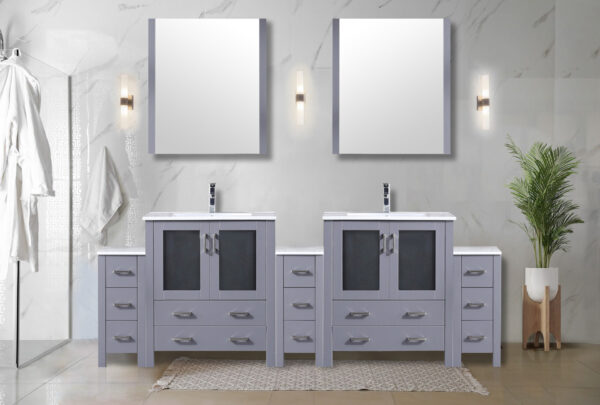 Volez 96W x 18.25D Dark Grey Double Bath Vanity with Side Cabinets, and White Ceramic Top