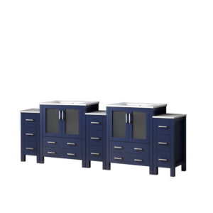 Volez 96W x 18.25D Navy Blue Double Bath Vanity with Side Cabinets, and White Ceramic Top