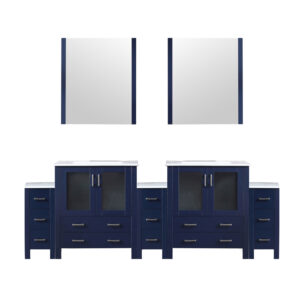 Volez 96W x 18.25D Navy Blue Double Bath Vanity with Side Cabinets, White Ceramic Top, and 28Mirrors