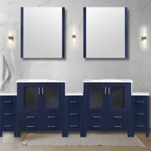 Volez 96W x 18.25D Navy Blue Double Bath Vanity with Side Cabinets, and White Ceramic Top