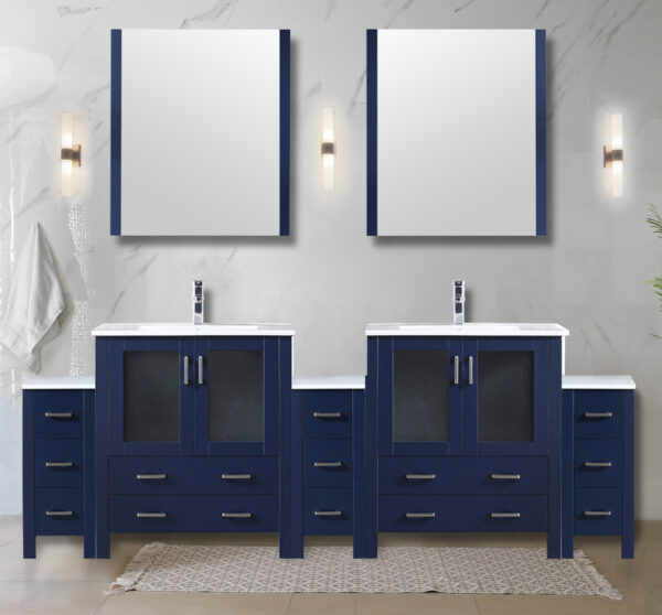 Volez 96W x 18.25D Navy Blue Double Bath Vanity with Side Cabinets, White Ceramic Top, 28Mirrors, and Faucet Set