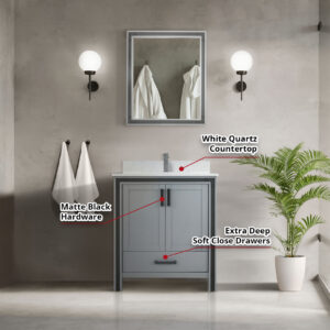 Ziva 30W x 22D Dark Grey Bath Vanity and White Quartz Top